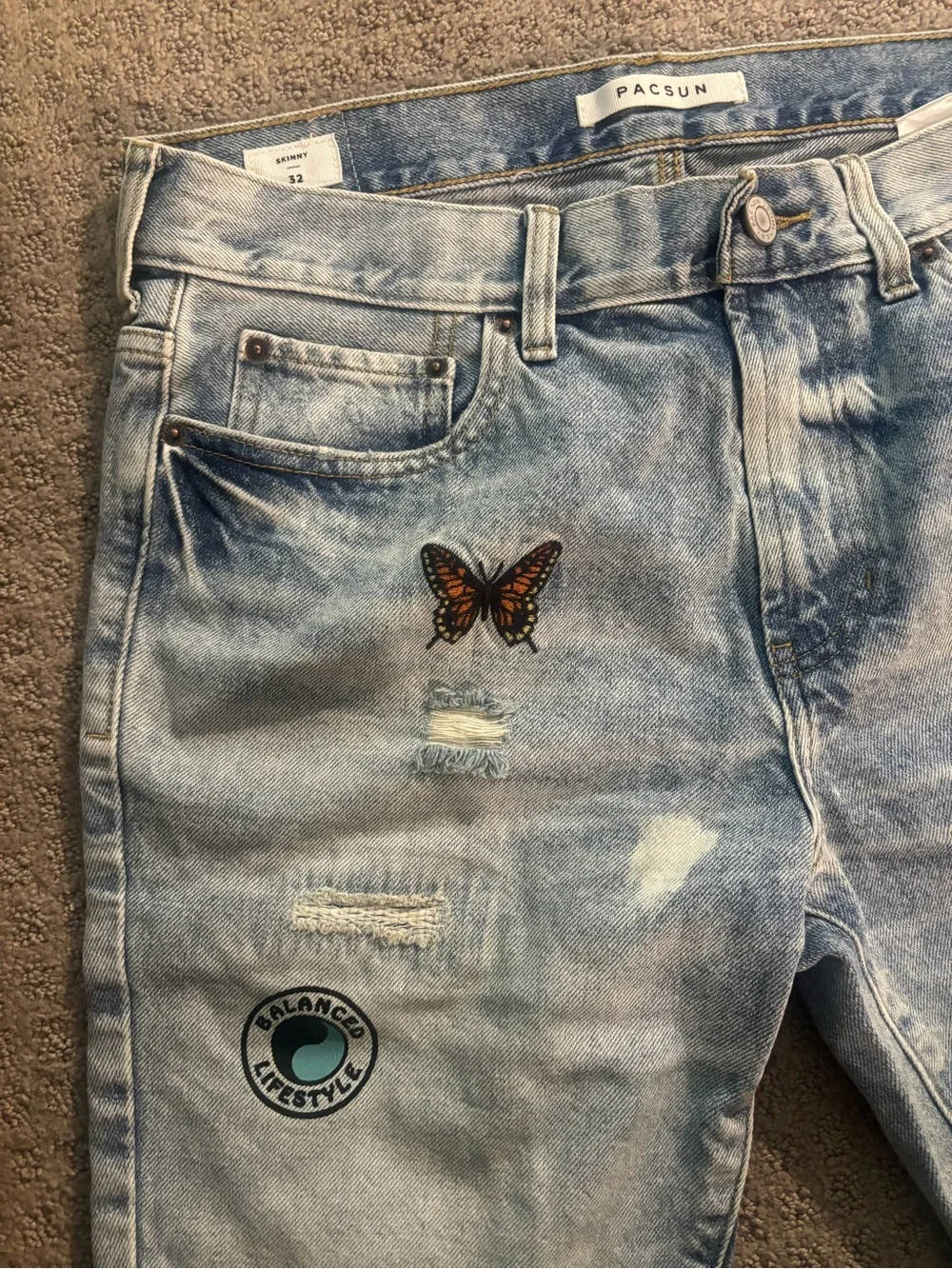 PacSun Light Blue Washed Denim Shorts with Embroidered Patches